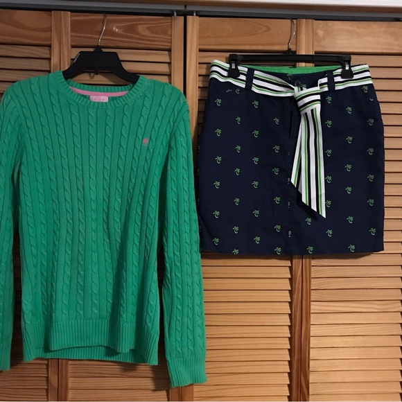 Lilly Pulitzer Set Green Cable Knit Sweater Sz (L) and Navy Skirt Sz (4) EUC - Picture 1 of 5